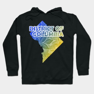 Colorful mandala art map of District of Columbia with text in blue and yellow Hoodie